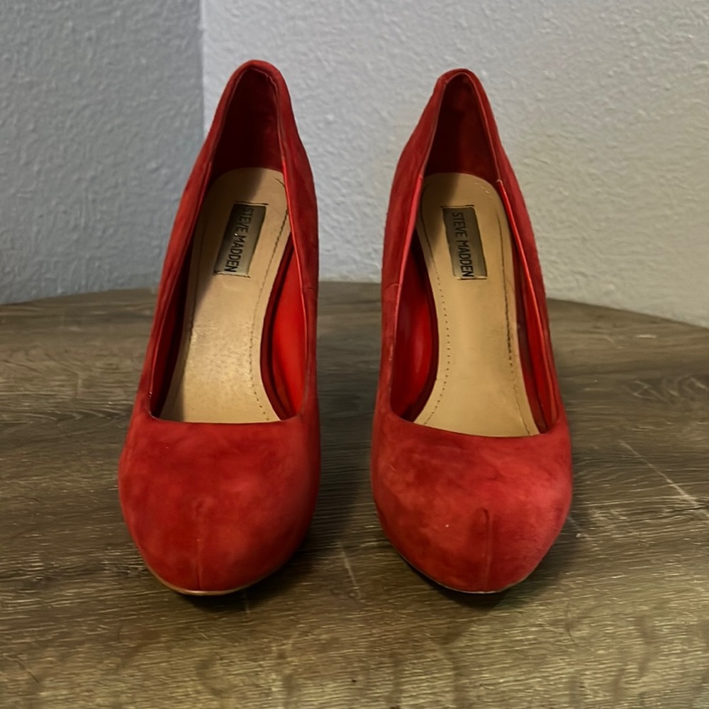 Red faux suede heels